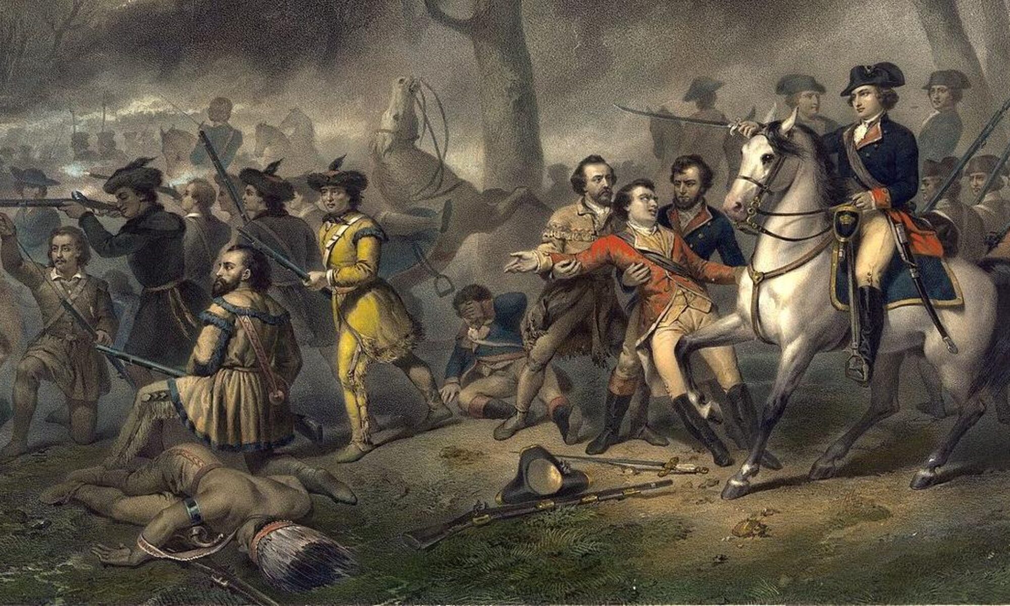 The British army marches across the battlefield, having defeated Native American forces in their path.